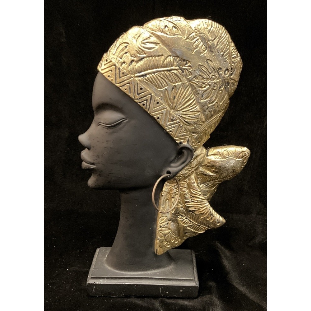African Tribal Woman Queen Statue Home Decor Gold Accent Wrap & Earrings